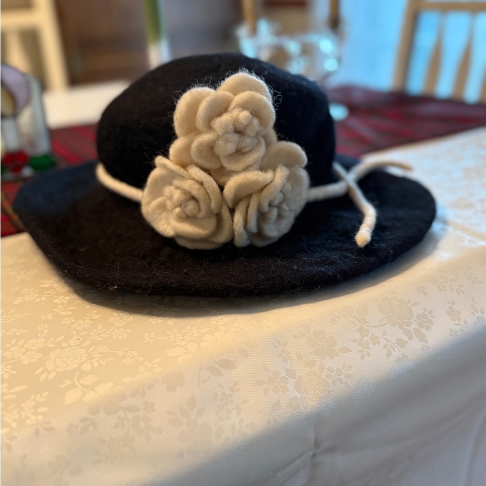Beautiful Black and Ivory Felt Floral Hat